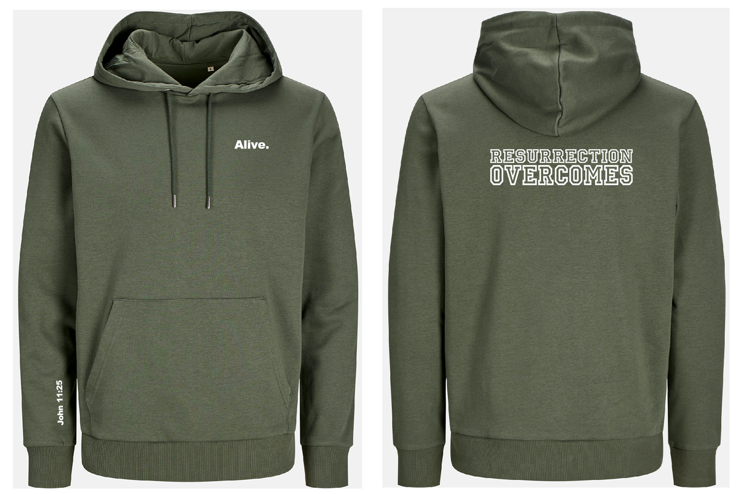 Beetle green hoodie with text 'Alive' on front and 'Resurrection overcomes' on back, shown from front and back views.