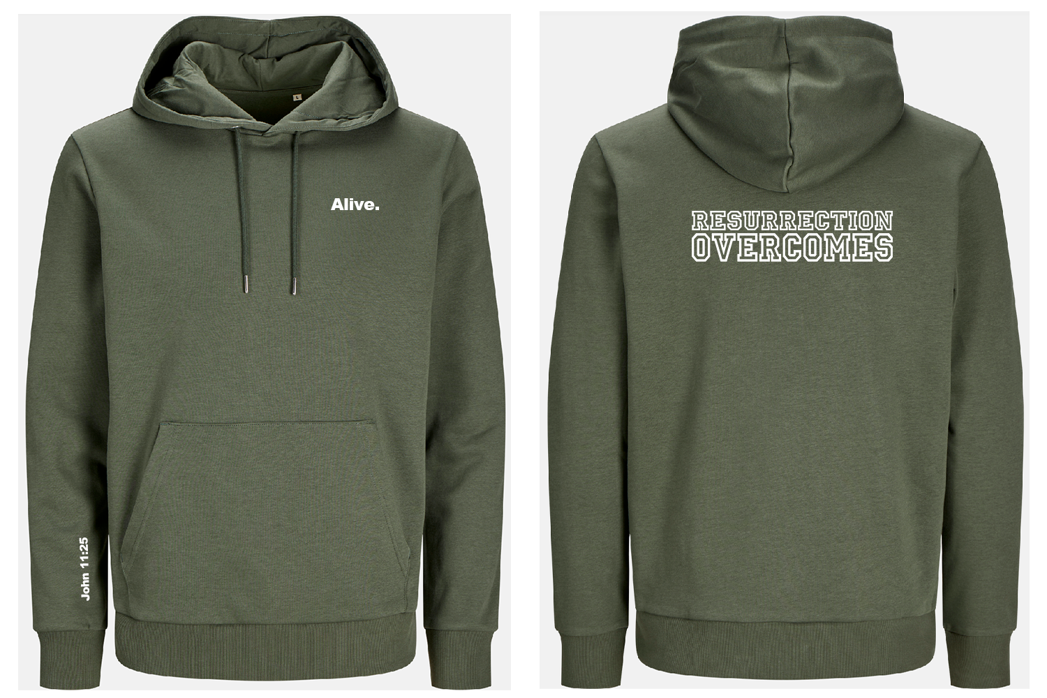 Beetle green hoodie with text 'Alive' on front and 'Resurrection overcomes' on back, shown from front and back views.
