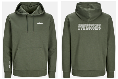 Beetle green hoodie with text 'Alive' on front and 'Resurrection overcomes' on back, shown from front and back views.