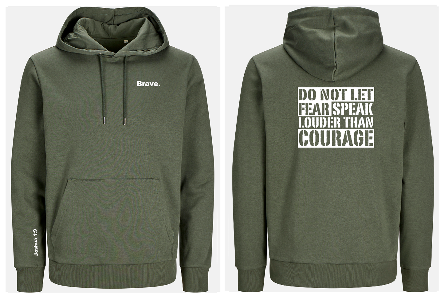 Green hoodie with text on front and back, displayed from front and back views.