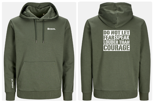 Green hoodie with text on front and back, displayed from front and back views.