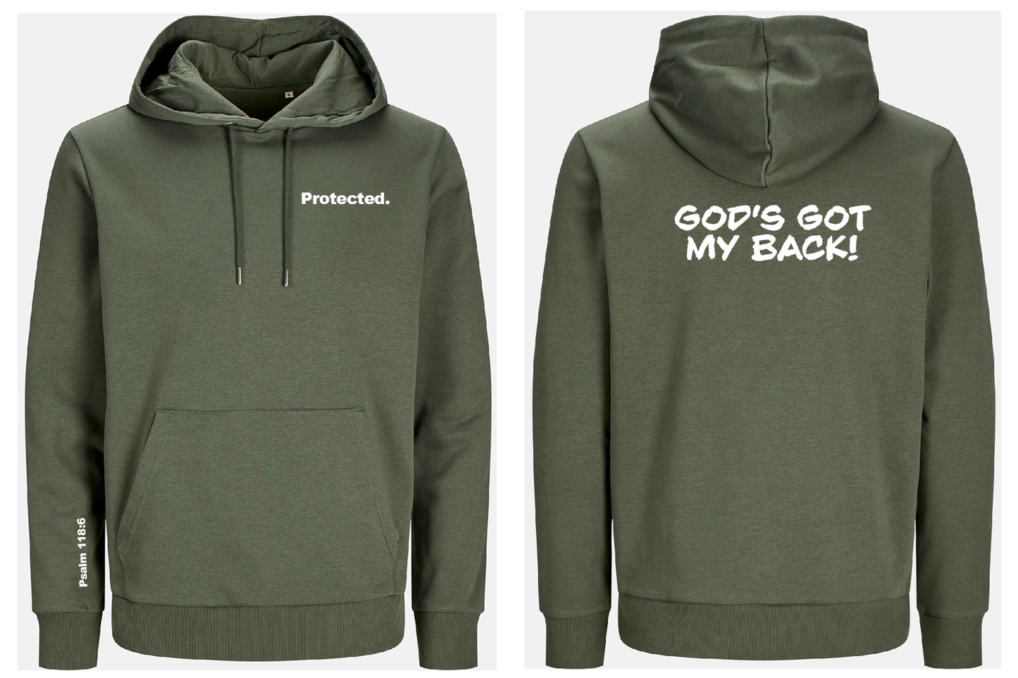 Beetle Green hoodie with text on front 'protected' and back 'God's got my back', displayed front and back view.