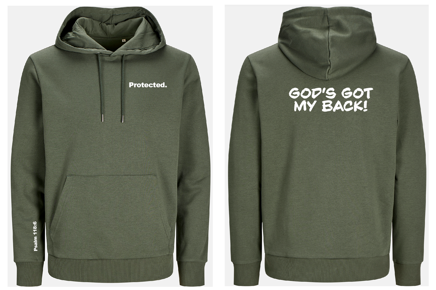 Beetle Green hoodie with text on front 'protected' and back 'God's got my back', displayed front and back view.