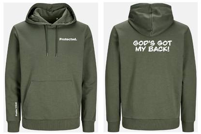 Beetle Green hoodie with text on front 'protected' and back 'God's got my back', displayed front and back view.
