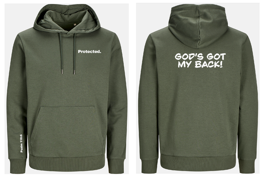 Beetle Green hoodie with text on front 'protected' and back 'God's got my back', displayed front and back view.