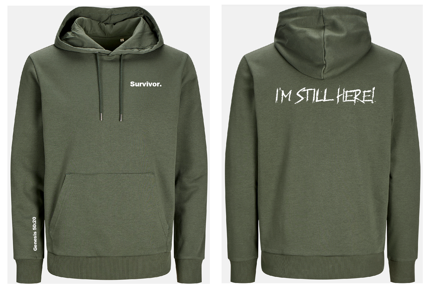 Beetle green hoodie with 'Survivor.' text on front and 'I'M STILL HERE!' text on back, shown from front and back views.