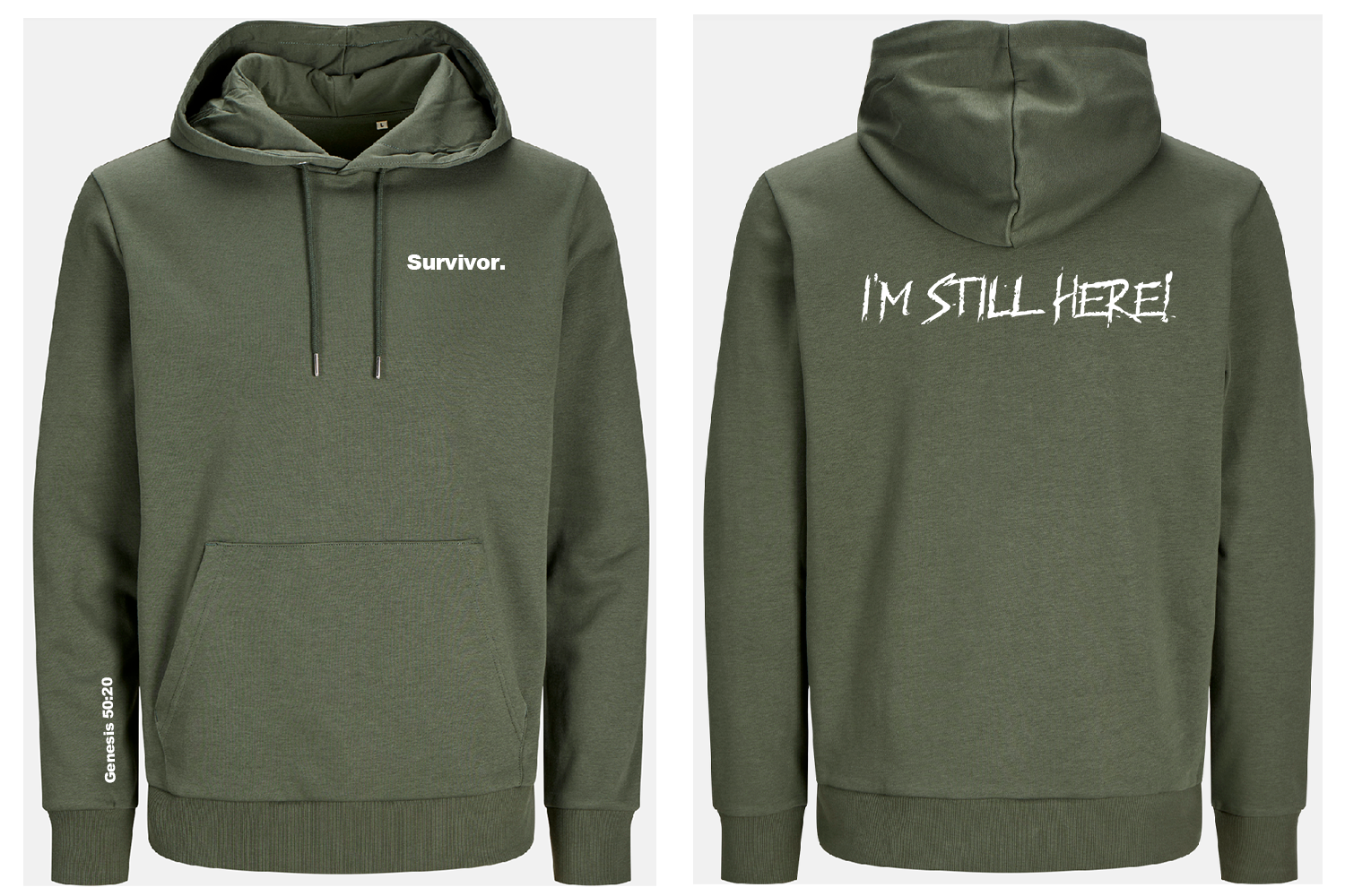 Beetle green hoodie with 'Survivor.' text on front and 'I'M STILL HERE!' text on back, shown from front and back views.