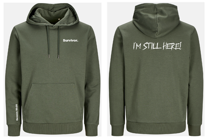 Beetle green hoodie with 'Survivor.' text on front and 'I'M STILL HERE!' text on back, shown from front and back views.