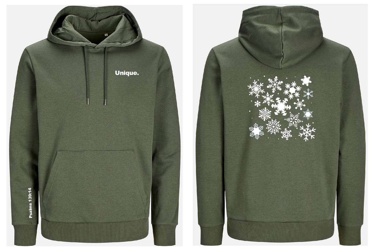 Khaki Green hoodie with 'Unique.' text on front and snowflake pattern on back