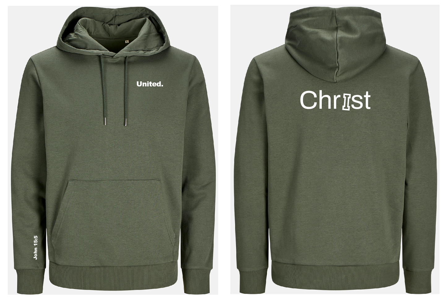 Green hoodie with 'United' on the front and 'Christ' on the back, displayed from front and back views.