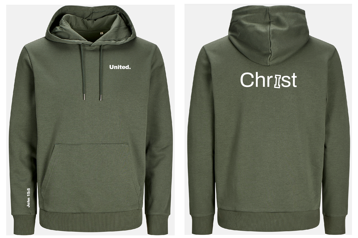 Green hoodie with 'United' on the front and 'Christ' on the back, displayed from front and back views.