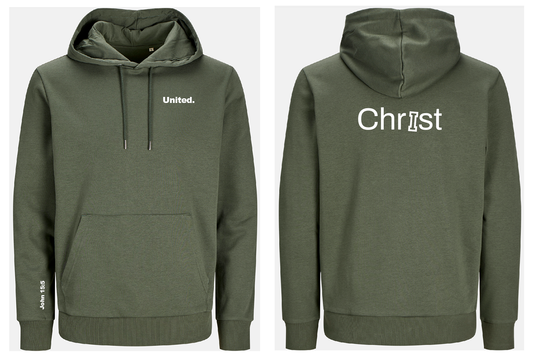 Green hoodie with 'United' on the front and 'Christ' on the back, displayed from front and back views.