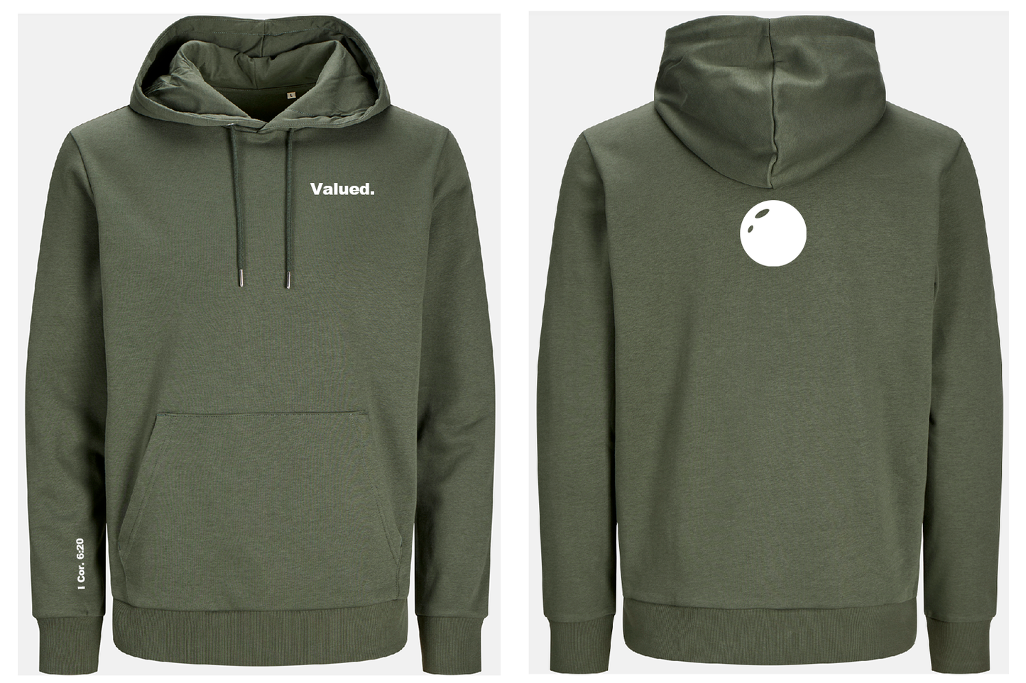 Green hoodie with white 'Valued' text on front and white pearl on back