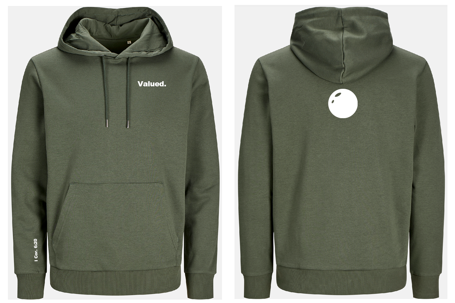 Green hoodie with white 'Valued' text on front and white pearl on back
