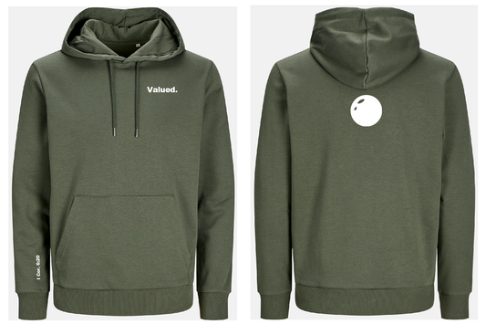 Green hoodie with white 'Valued' text on front and white pearl on back