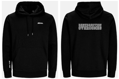 Black hoodie with text 'Alive' on front and 'Resurrection overcomes' on back, shown from front and back views.