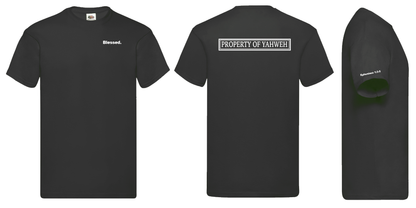 Black t-shirt with white text: 'Blessed' on front and 'Property of Yahweh' on the back with bible reference 'Ephesians 1:3-5' on the right sleeve edge