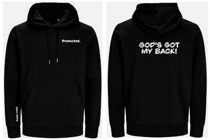 Black hoodie with text 'Protected.' on front and 'GOD'S GOT MY BACK!' on back, displayed front and back view.