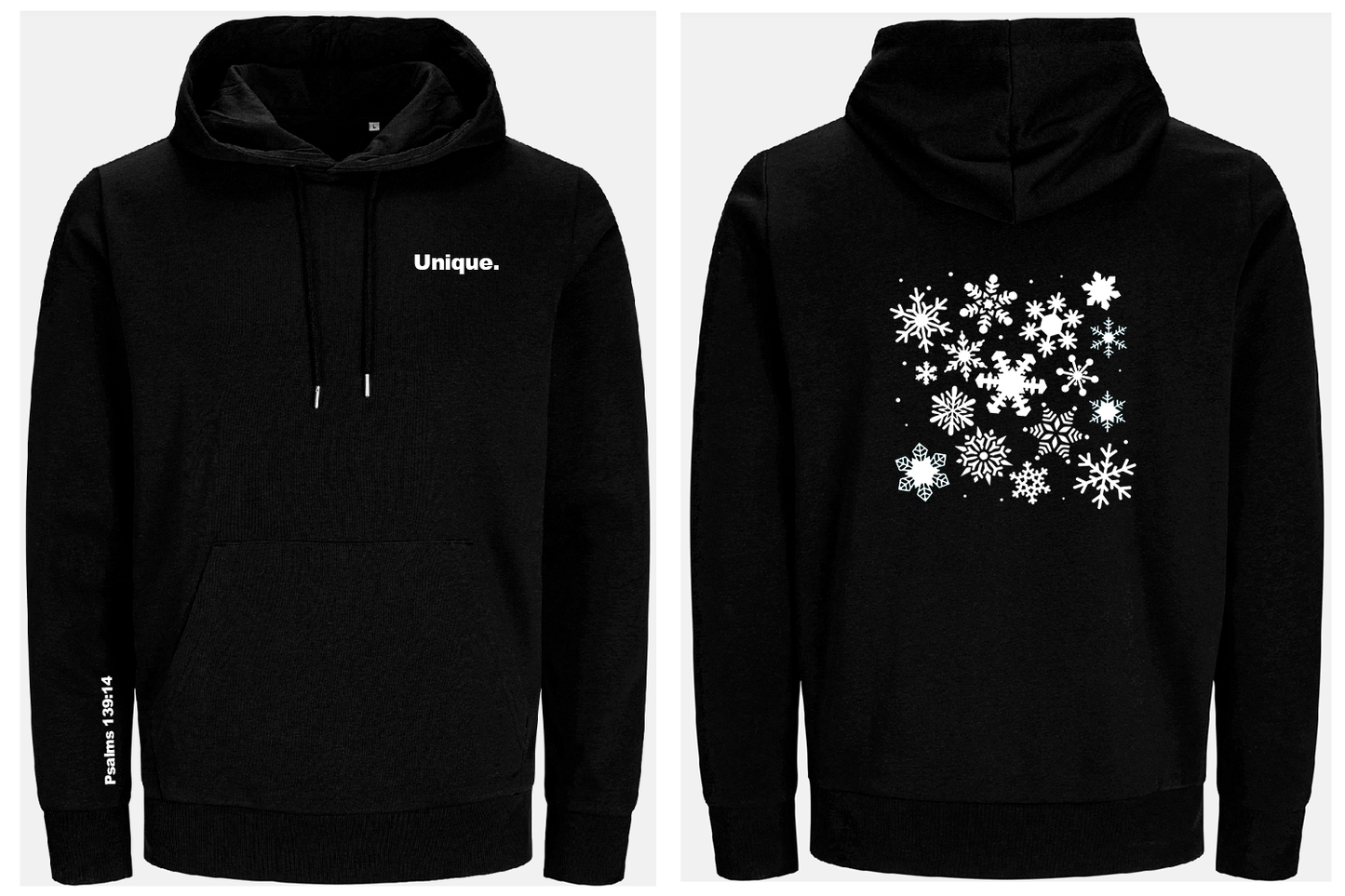 Black hoodie with 'Unique' text on front and snowflake pattern on back