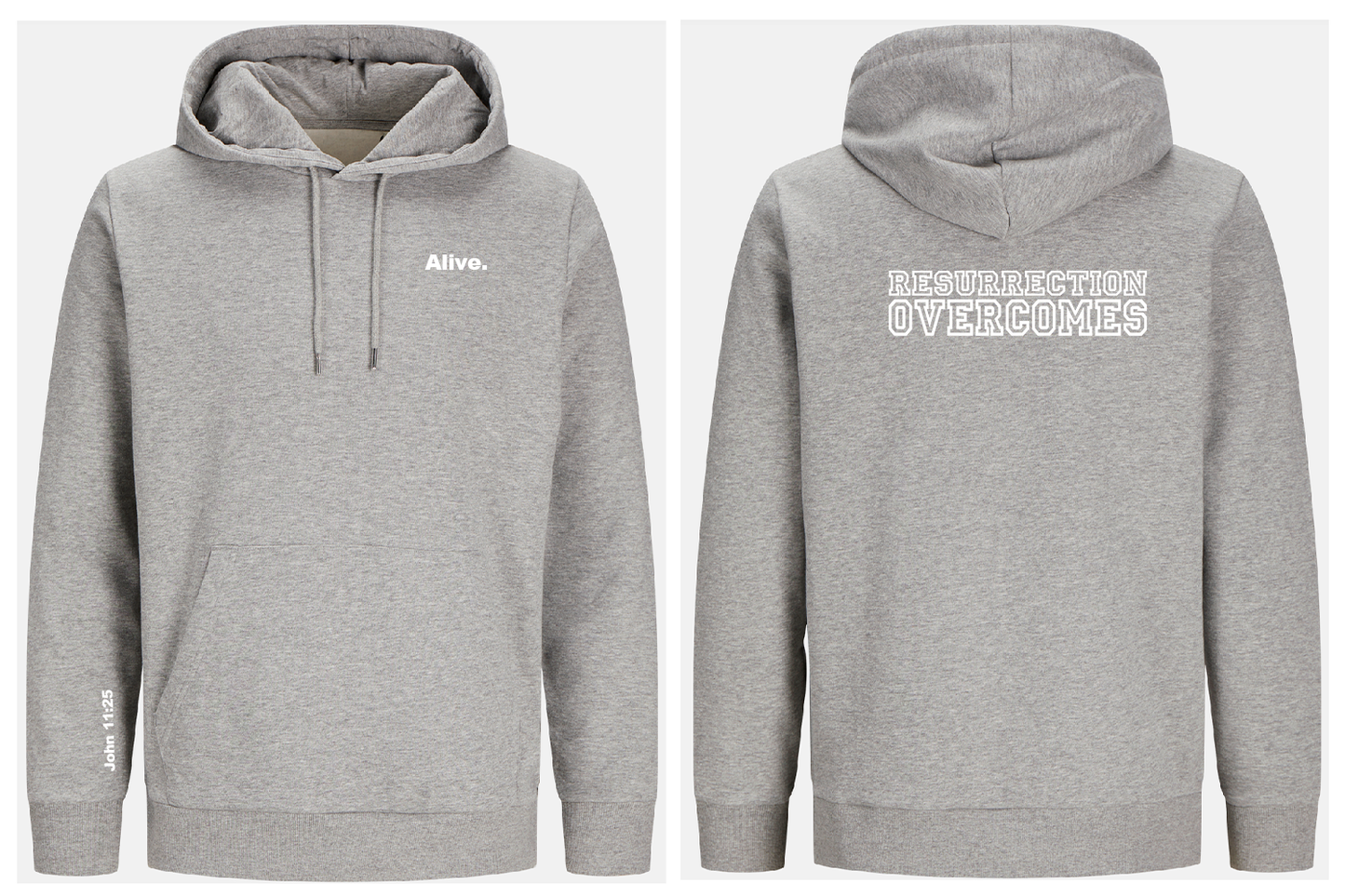 Grey hoodie with text 'Alive' on front and 'Resurrection overcomes' on back, shown from front and back views.