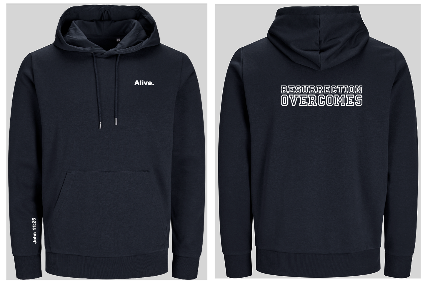 Navy blue hoodie with text 'Alive' on front and 'Resurrection overcomes' on back, shown from front and back views.
