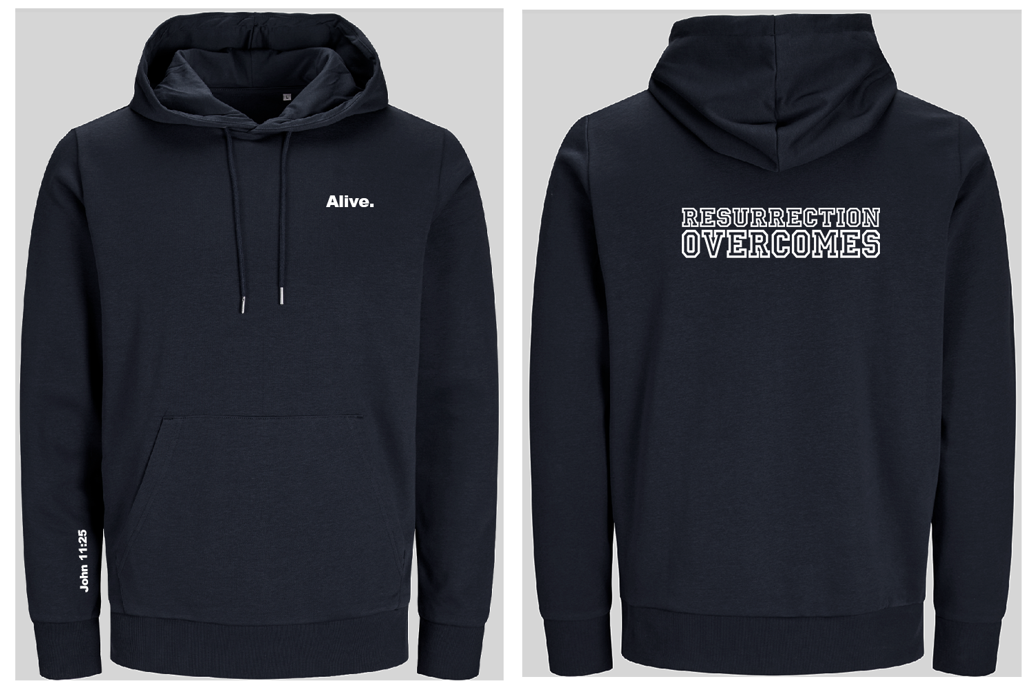 Navy blue hoodie with text 'Alive' on front and 'Resurrection overcomes' on back, shown from front and back views.