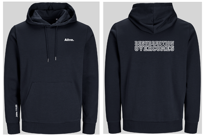 Navy blue hoodie with text 'Alive' on front and 'Resurrection overcomes' on back, shown from front and back views.