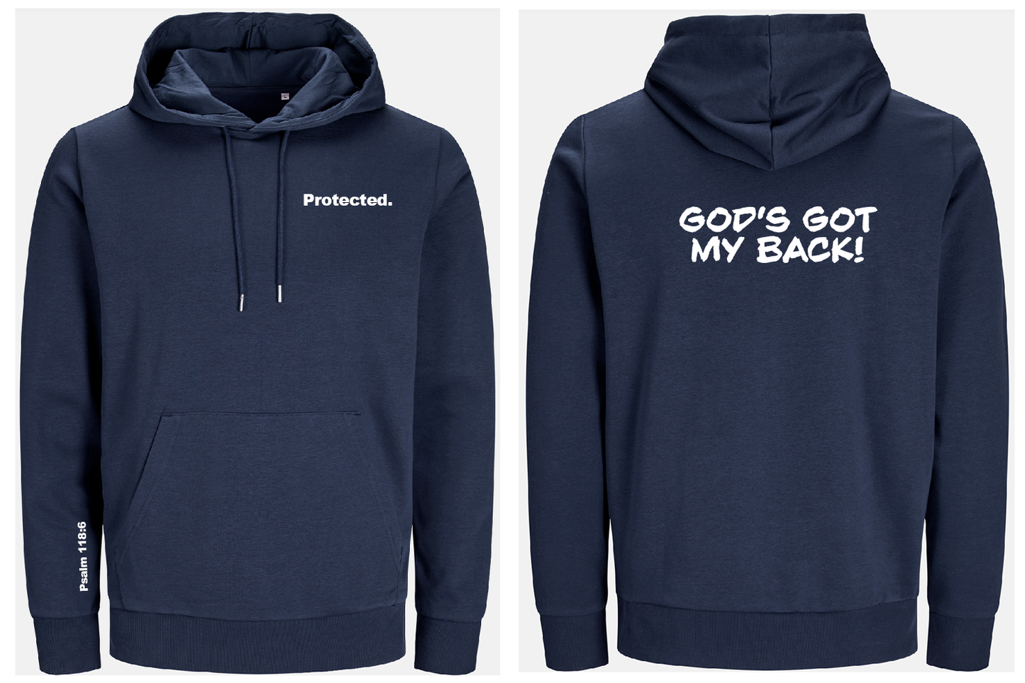Navy blue hoodie with text on front 'protected' and back 'God's got my back', displayed front and back view.