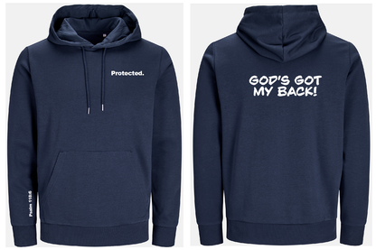 Navy blue hoodie with text on front 'protected' and back 'God's got my back', displayed front and back view.