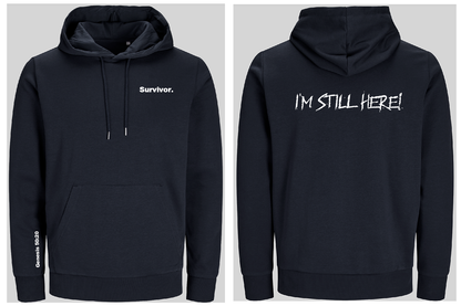 Navy blue hoodie with 'Survivor' text on front and 'I'M STILL HERE!' text on back, shown from front and back views.