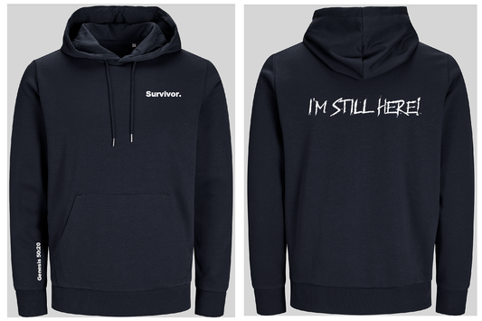 Navy blue hoodie with 'Survivor' text on front and 'I'M STILL HERE!' text on back, shown from front and back views.