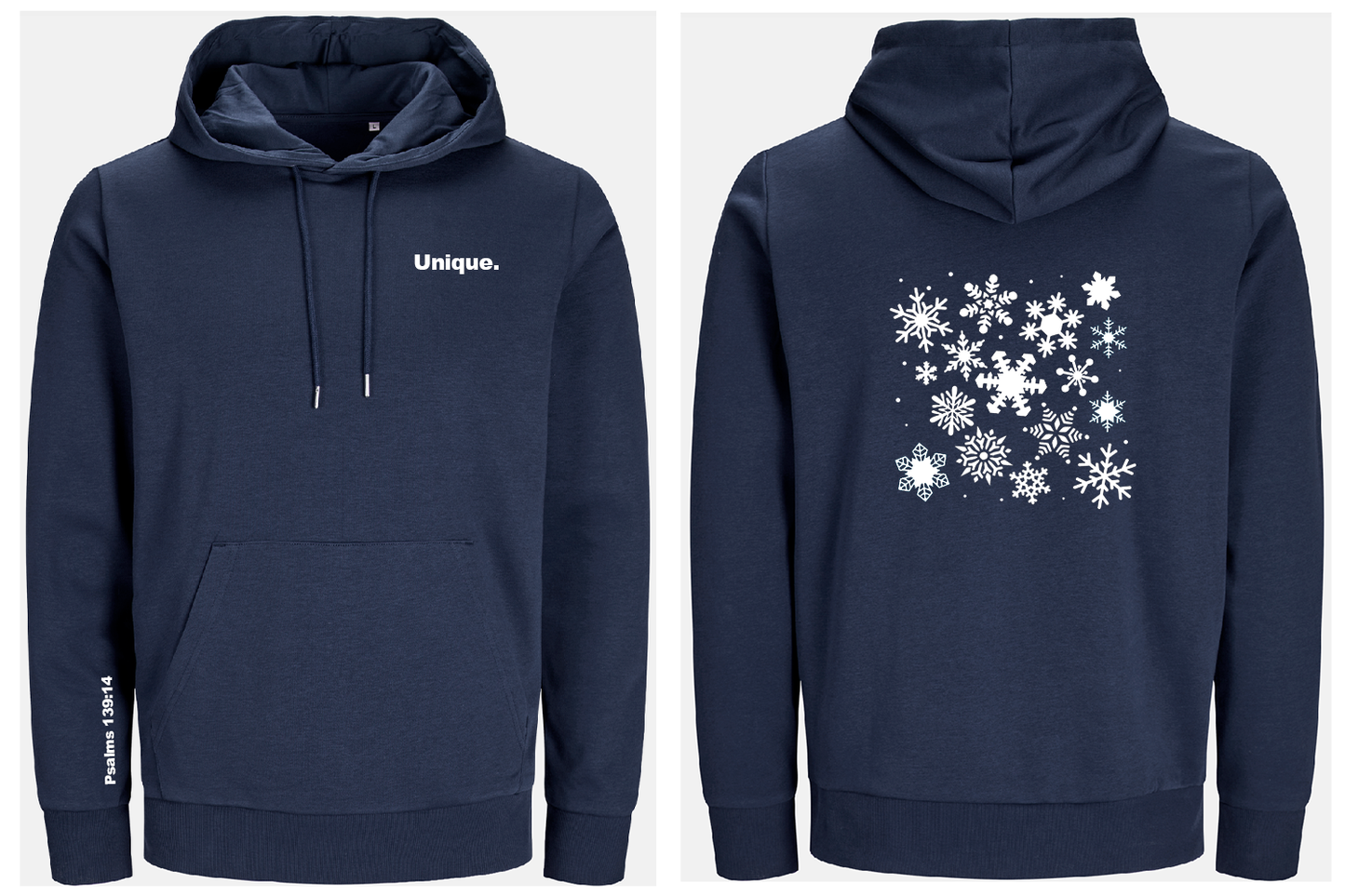 Navy blue hoodie with 'Unique.' text on front and snowflake pattern on back, on a white background.