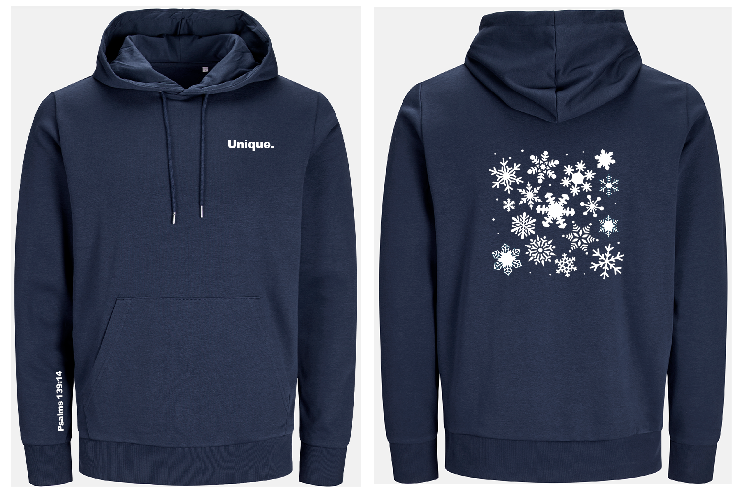 Navy blue hoodie with 'Unique.' text on front and snowflake pattern on back, on a white background.