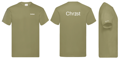 Olive green t-shirt with white text: 'United' on the front and 'Christ' with 'I' highlighted on the back, Bible reference 'John 15:5" on the side; displayed from front, back, and side views.