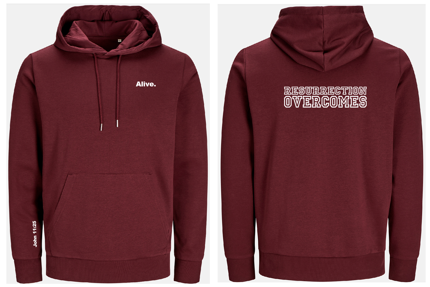 Maroon hoodie with text 'Alive' on front and 'Resurrection overcomes' on back, shown from front and back views.