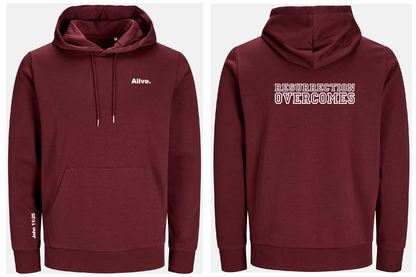 Maroon hoodie with text 'Alive' on front and 'Resurrection overcomes' on back, shown from front and back views.