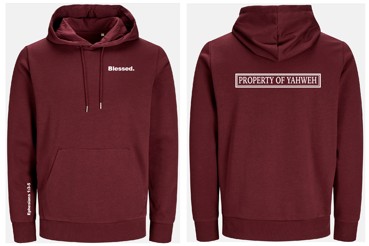 Maroon hoodie with 'Blessed.' text on front and 'PROPERTY OF YAHWEH' text on back, on a white background.