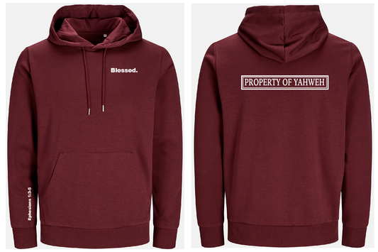 Maroon hoodie with 'Blessed.' text on front and 'PROPERTY OF YAHWEH' text on back, on a white background.