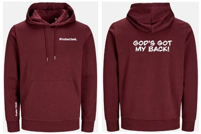 Maroon hoodie with text 'Protected.' on front and 'GOD'S GOT MY BACK!' on back, on a white background.