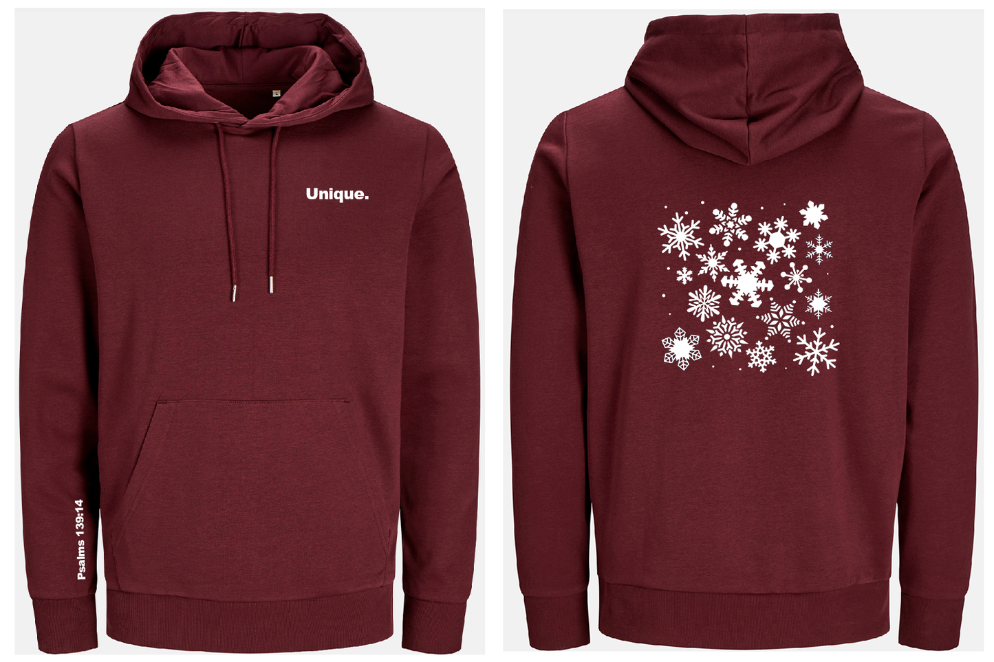 Bugundy hoodie with 'Unique' text on front and snowflake pattern on back