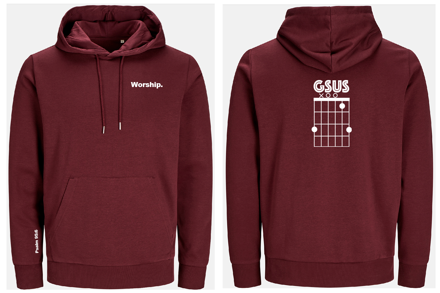 Maroon hoodie with 'Worship' text on front and 'GSUS' guitar chord diagram on back