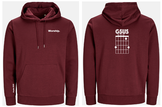 Maroon hoodie with 'Worship' text on front and 'GSUS' guitar chord diagram on back