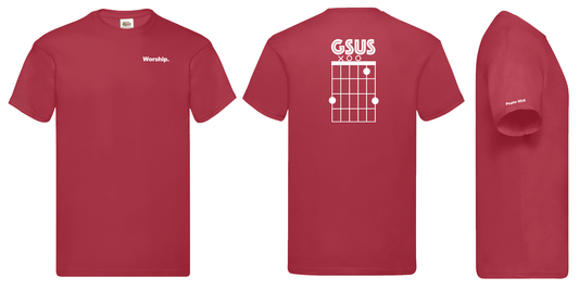 Red t-shirt with white text: 'Worship' on the front and 'GSUS' with a guitar chord diagram on the back, bible reference 'Psalm 95:6' printed on the right sleeve edge.