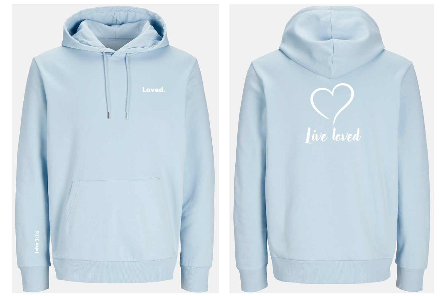 Light blue hoodie with 'Loved' text on front and heart design on back