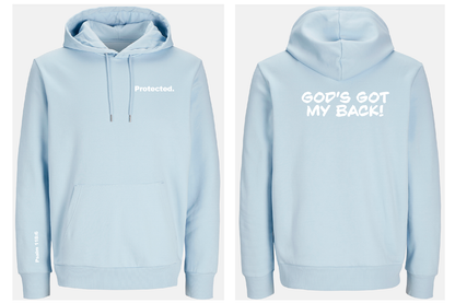 Light blue hoodie with 'Protected' text on front and 'GOD'S GOT MY BACK!' text on back, on a white background.