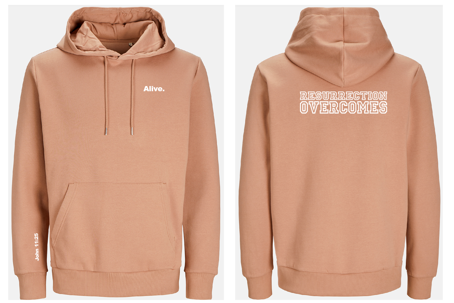 Taupe hoodie with text 'Alive' on front and 'Resurrection overcomes' on back, shown from front and back views.