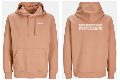 Taupe hoodie with text 'Alive' on front and 'Resurrection overcomes' on back, shown from front and back views.