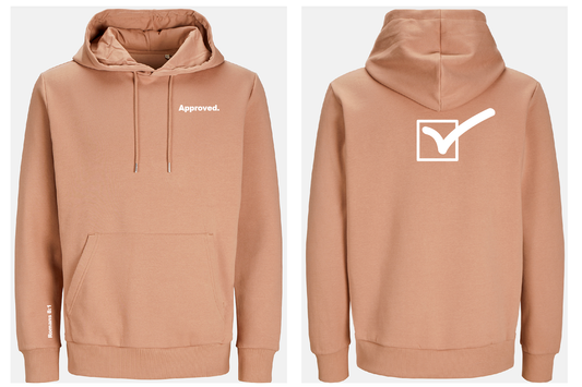 Brown hoodie with white text: 'Approved' text on front and tickbox ticked on back