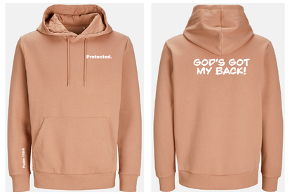 Taupe hoodie with text on front 'protected' and back 'God's got my back', displayed front and back view.